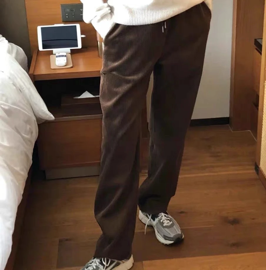 韩国ounce 松紧腰灯芯绒直筒裤