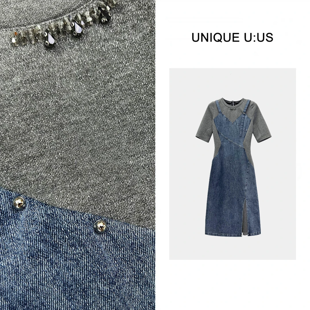 UNIQUE U:US【蓝屿】牛仔拼色假两件气质显瘦女装连衣裙-250156