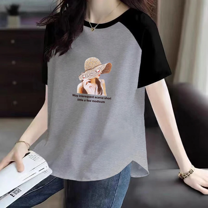 夏季新款撞色拼接短袖纯棉T恤女宽松显瘦休闲百搭圆弧下摆上衣ins