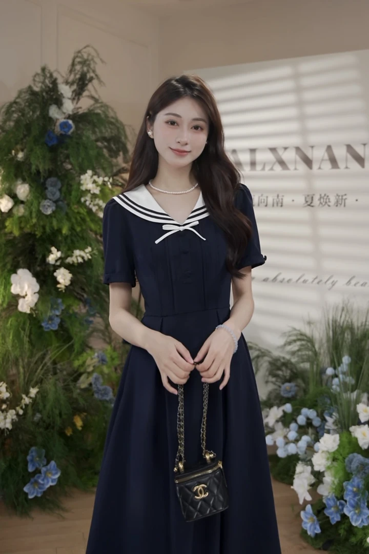 鹿向南[格兰芬多学院]夏法式优雅气质小众款简约甜美感短袖连衣裙