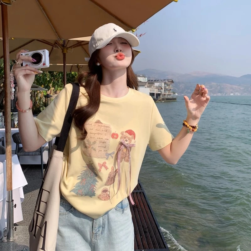黄色圆领印花短袖T恤女装2025设计感宽松独特漂亮初夏上衣