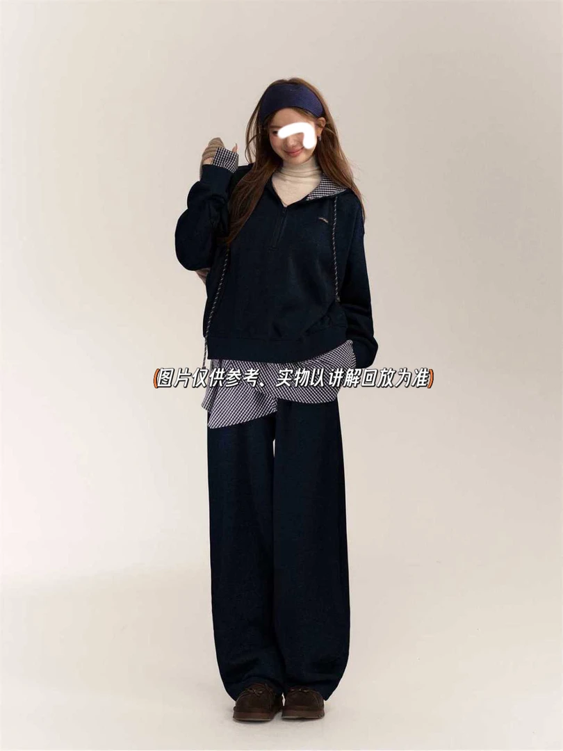 月蒙家-大码胖mm拼接宽松卫衣韩版显瘦休闲上衣+高腰阔腿裤套装