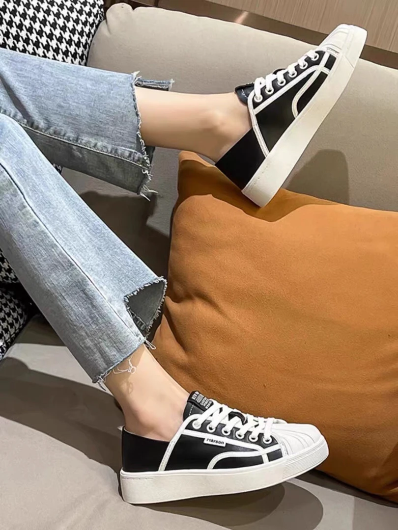 1505 两穿贝壳头小白鞋 透气平底休闲鞋踩脚板鞋