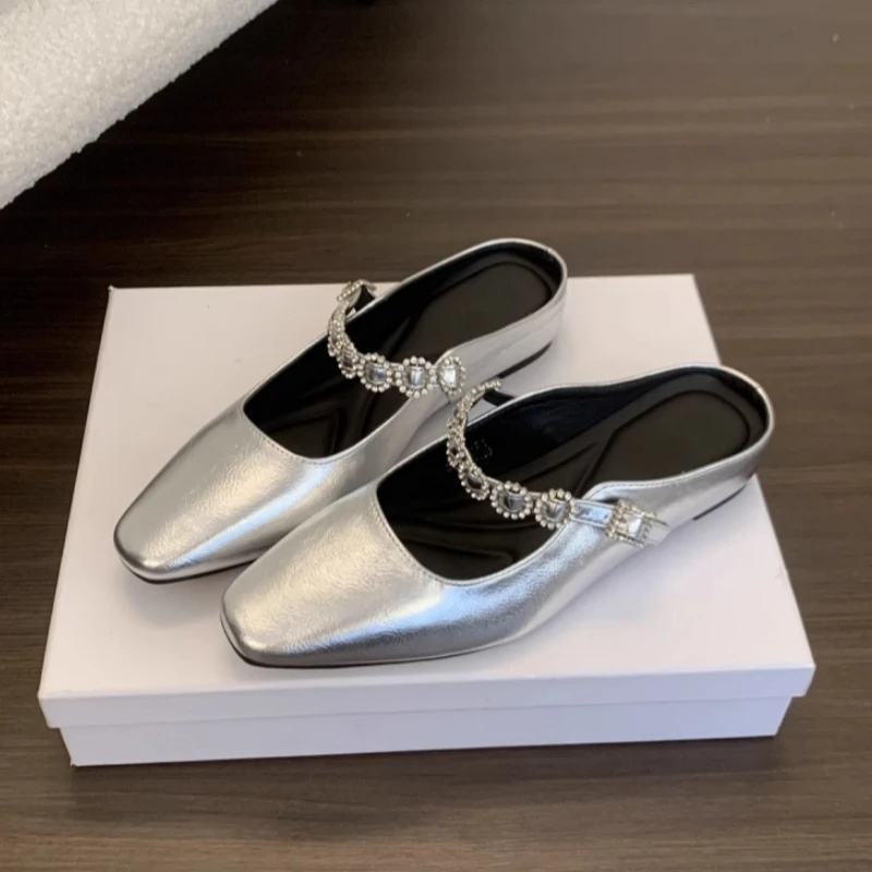 三福气质银色包头半拖鞋女外穿法式晚晚仙女凉拖厚底玛丽珍单鞋