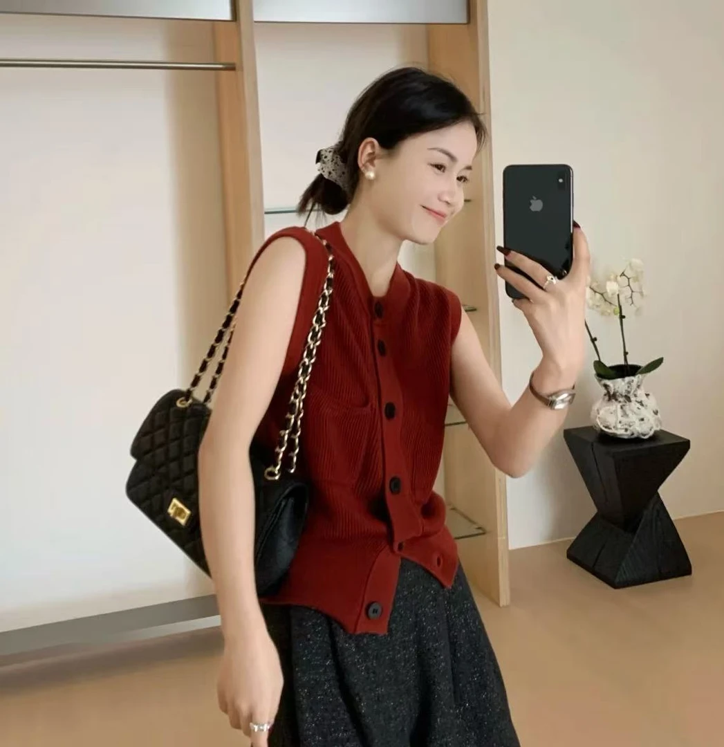 桑蚕丝羊毛~胸100-130长53单排扣基础坑条简约针织马夹上衣 2281