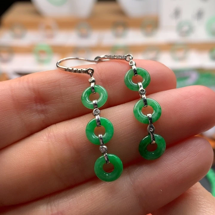 翡翠18K金镶嵌耳饰天然缅甸A货翡翠