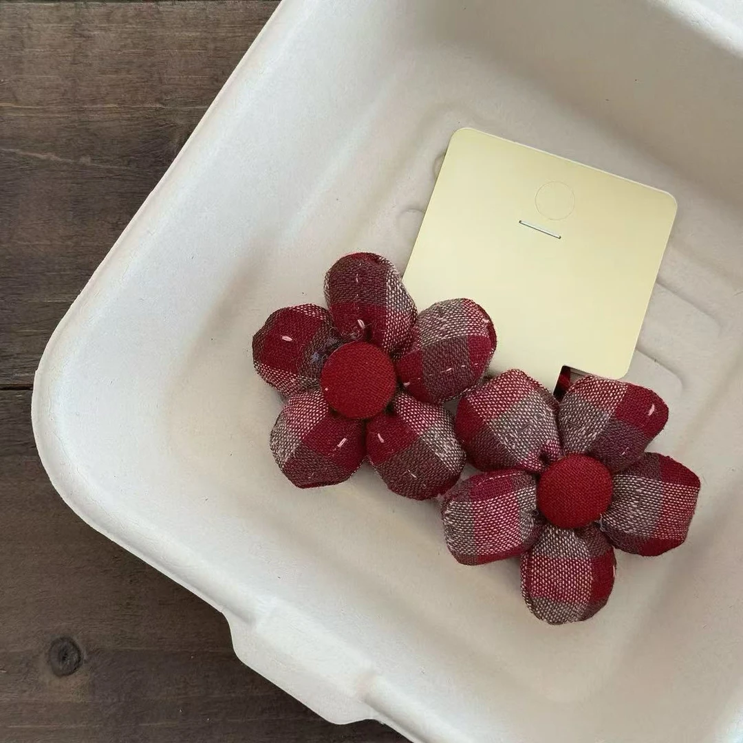 A-6149  ad 1对酒红色格子花花布艺儿童耐用头绳        发圈