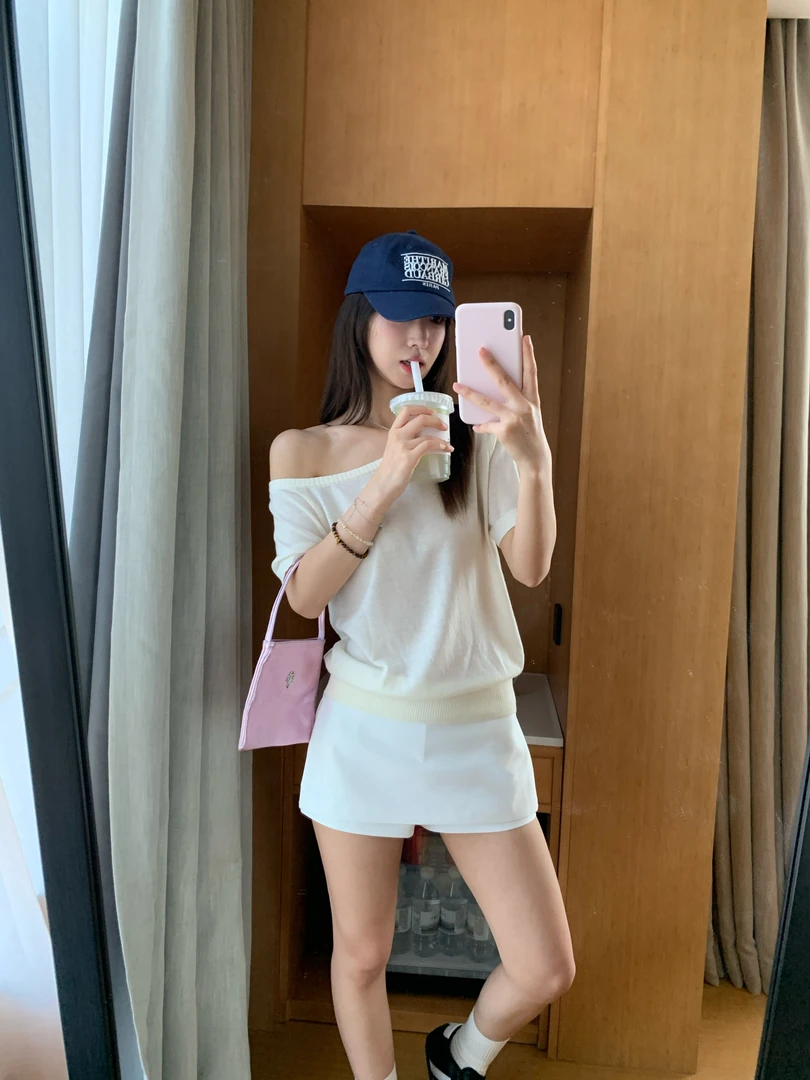 【三三】自留款氧气女孩短袖斜肩t气质（含羊毛）百搭夏季纯色显瘦