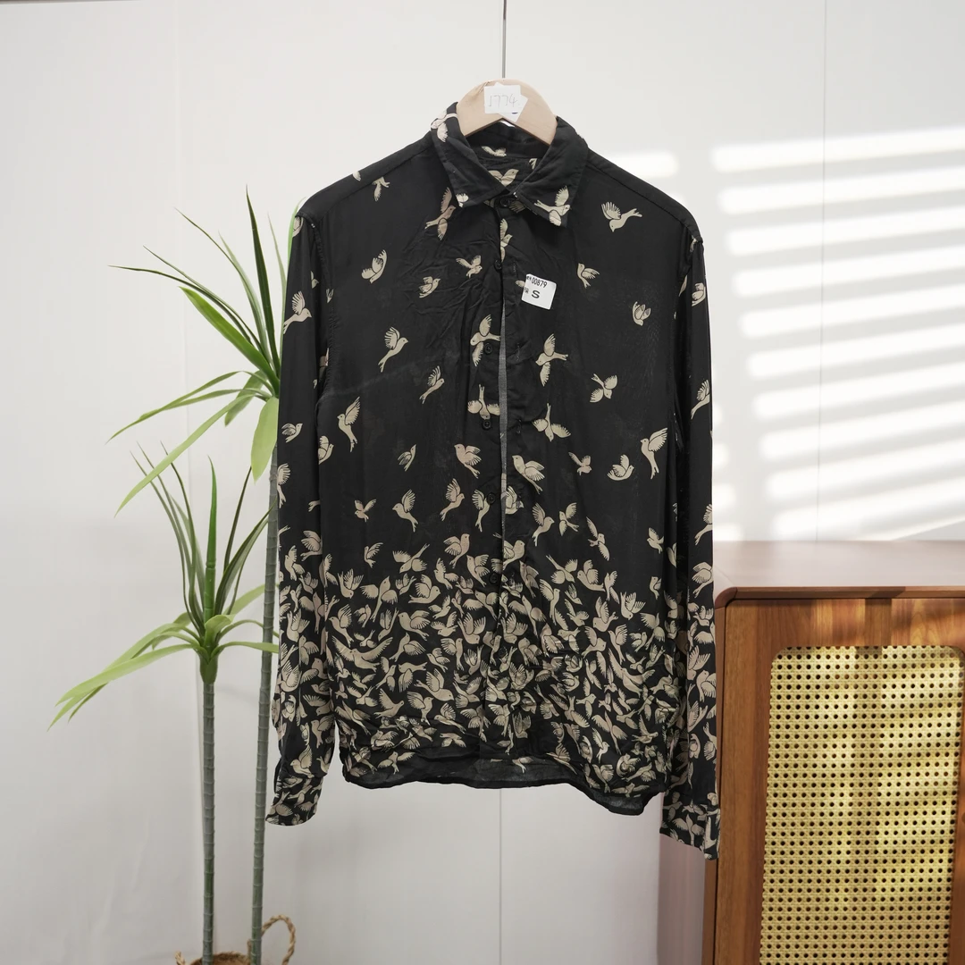 瑕疵立体提花黑色碎花翻领长袖衬衫00879-A8-9