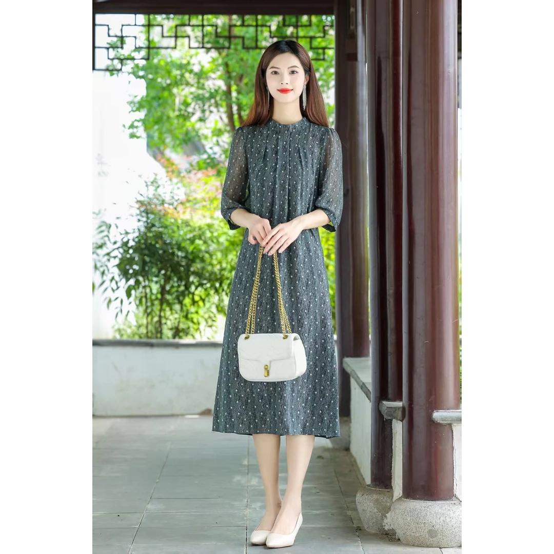 【绿色繁星】新款气质时尚优雅夏季洋气女士收腰显瘦中长款6328