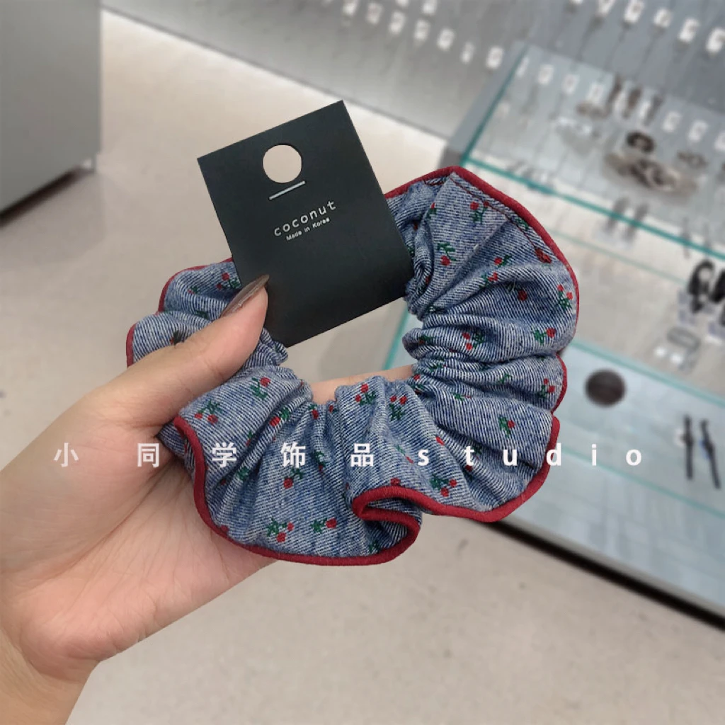 韩国原创设计发饰2025新款柔软细腻牛仔磨毛小樱桃发圈发绳头绳