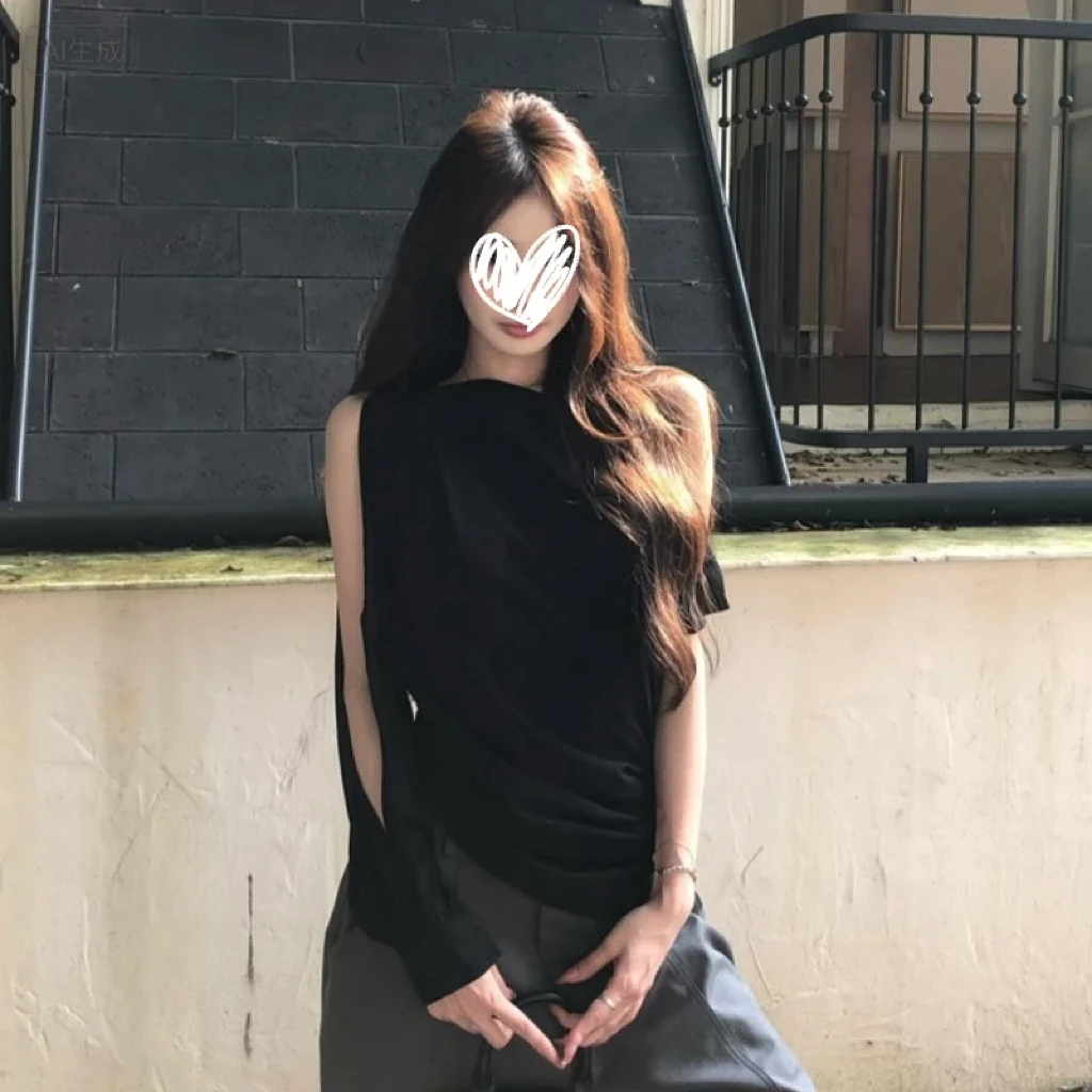 高级黑色斜肩长袖T恤女秋季独特漂亮辣妹性感露背上衣内搭打底衫