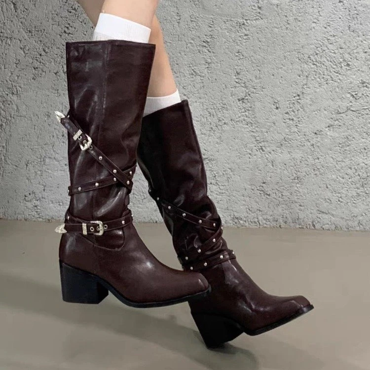 韩式时装靴高级感皮带扣小个子粗跟高筒长靴子女不过膝高跟瘦瘦靴