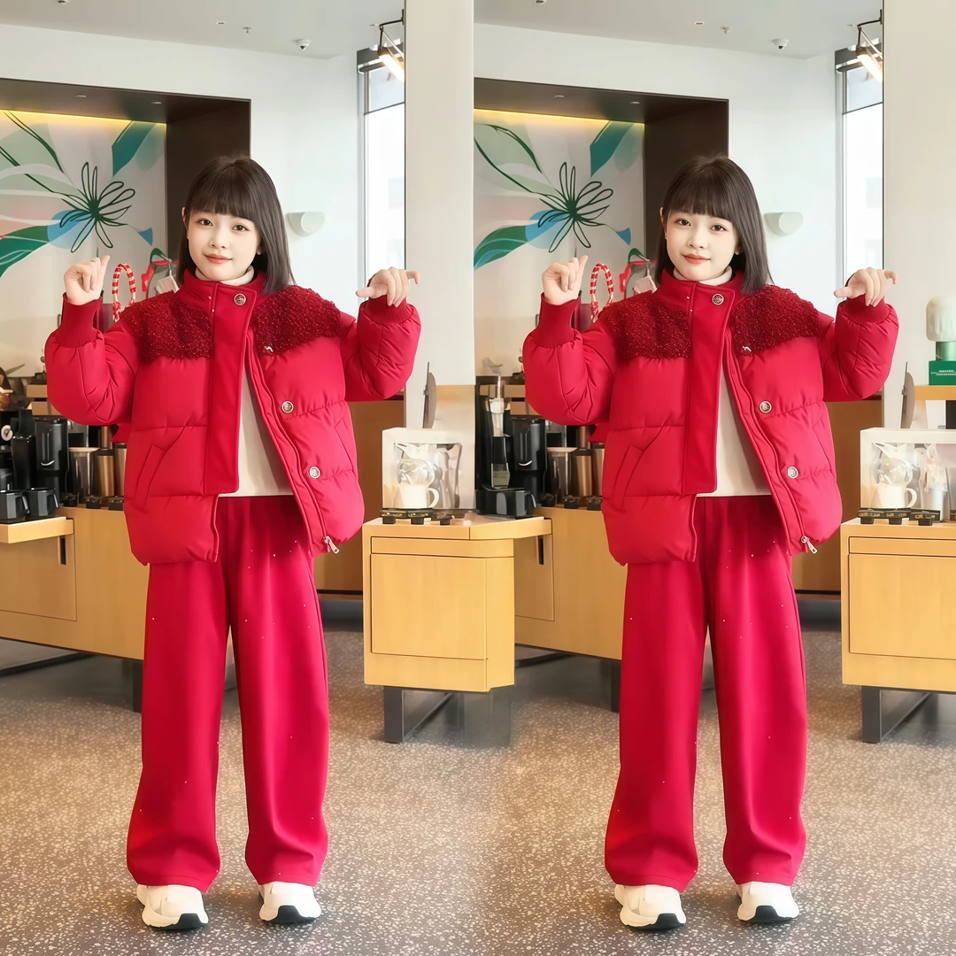 女童棉服套装冬季加绒加厚中大童2025新款洋气儿童冬款棉衣两件套