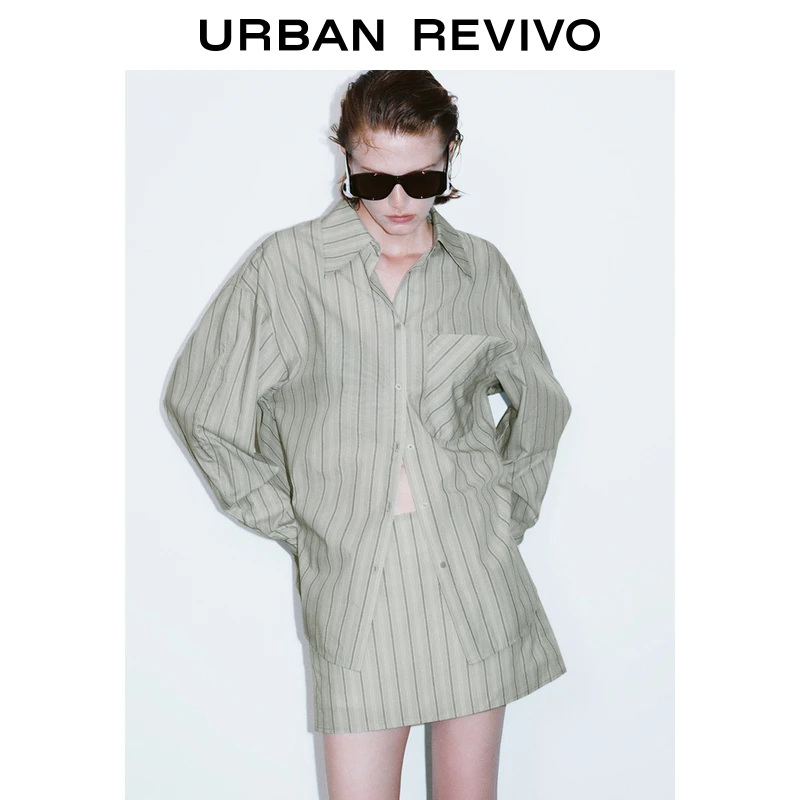 UR2025春季新款女欧若风高智感通勤气质条纹开襟衬衫UWJ250012
