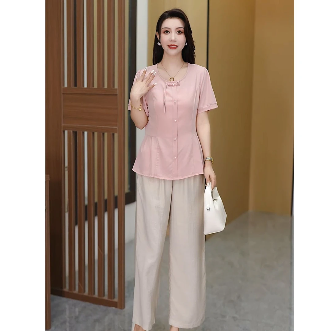 中年妈妈时尚休闲宽松套头圆领新中式夏季短袖洋气女士上衣套装