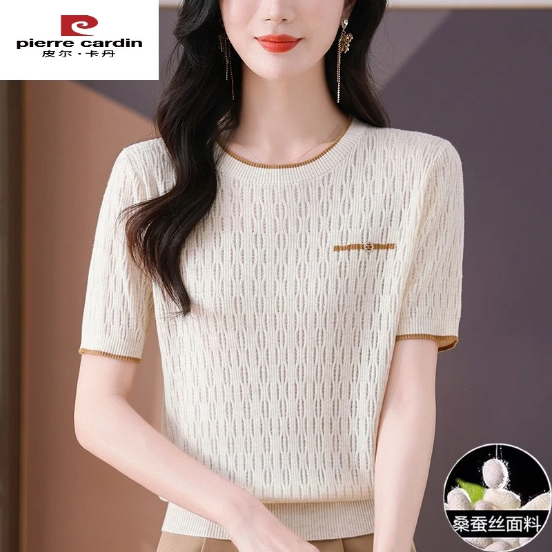 皮尔卡丹桑蚕丝短袖女t恤夏装薄款冰丝针织衫妈妈正肩短款上衣