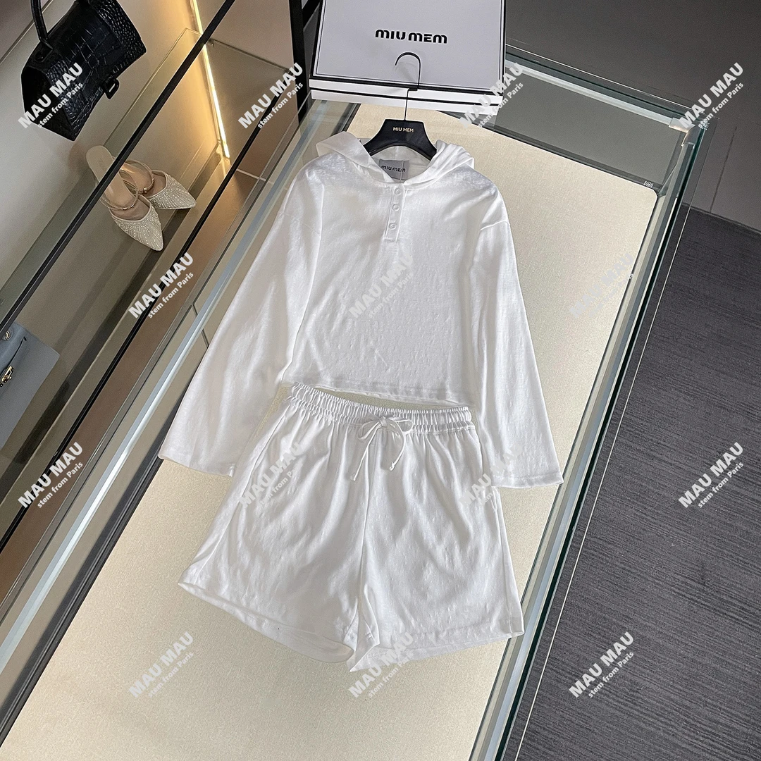 2025夏季新款气质连帽长袖上衣抽绳短裤两件套 DY7387