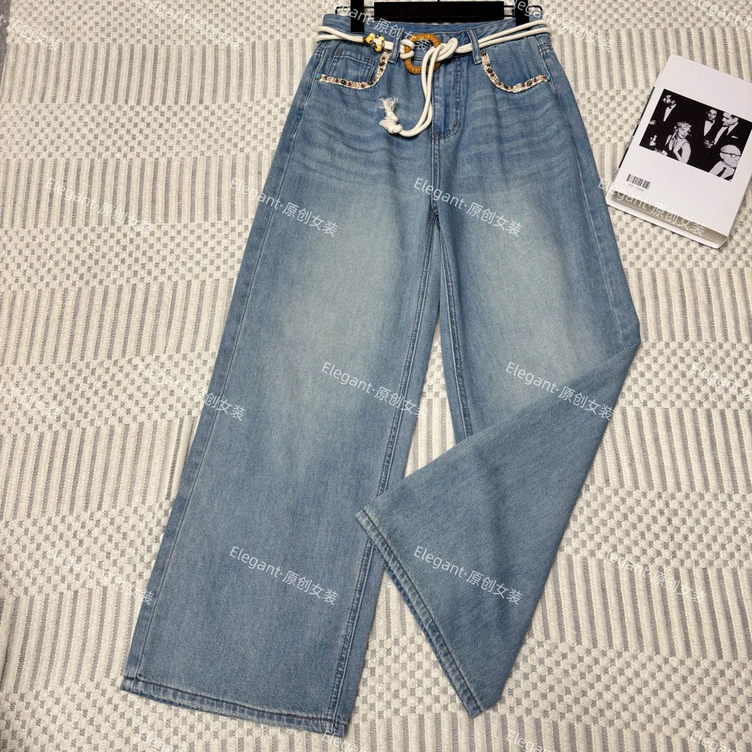 设计师款夏季直筒显瘦抽绳刺绣牛仔裤女编制串珠腰休闲百搭裤子女