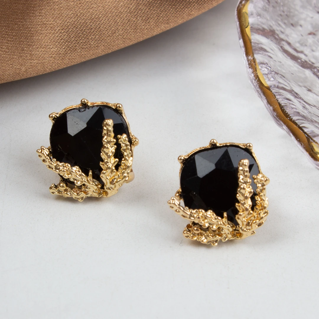 铜合金耳饰 花迹麦穗耳钉女独特小众高级感耳饰百搭黑色耳环N1440