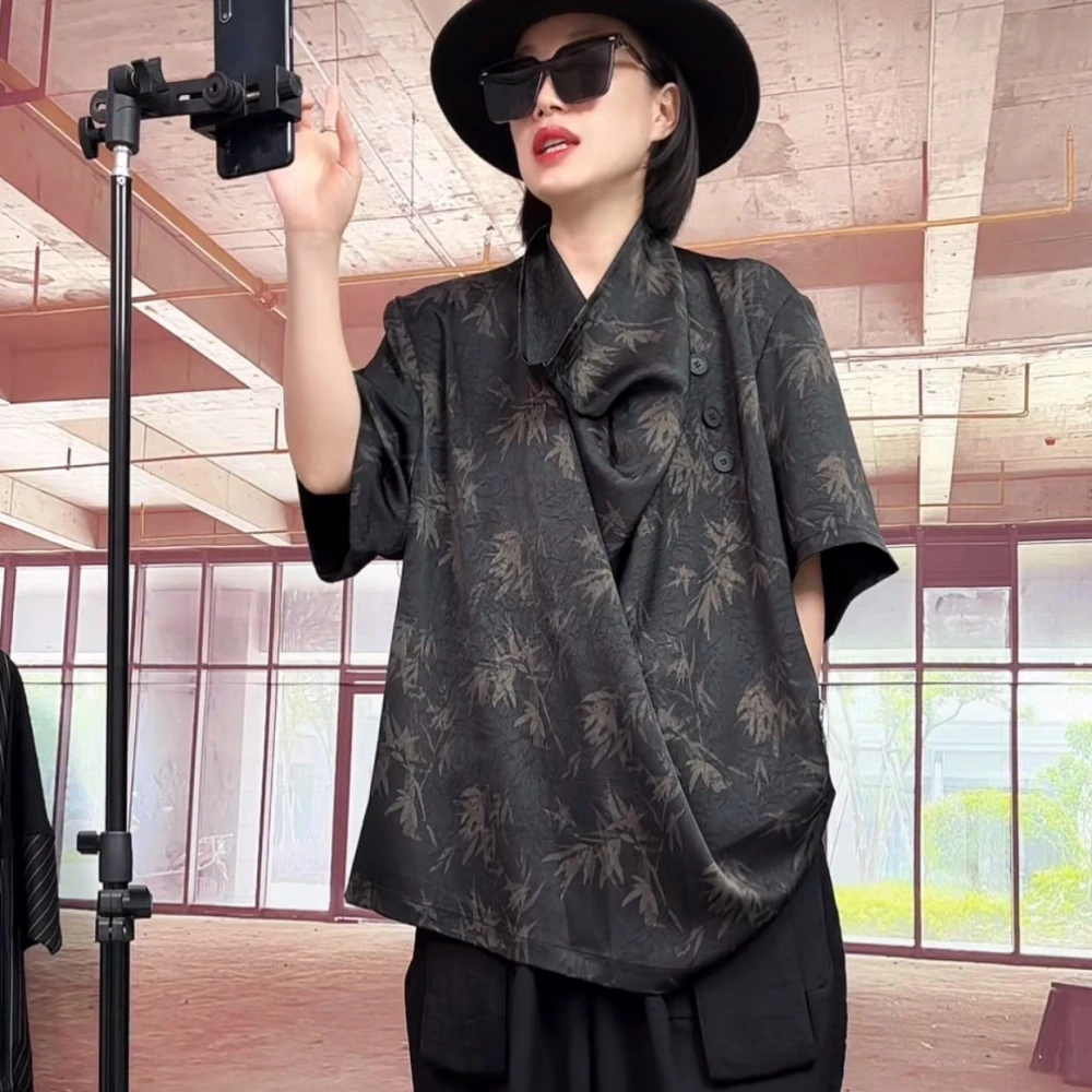 2025夏季设计款新中式印花堆堆领宽松短袖衬衫男女痞帅套头衬衣潮