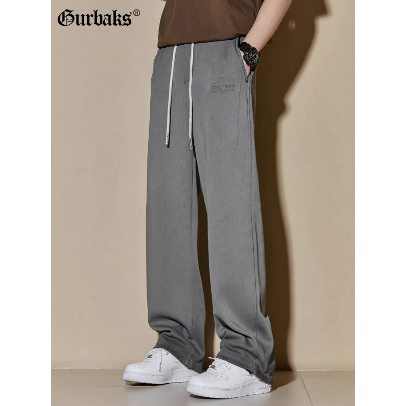 GURBAKS新款男士潮牌宽松直筒垂感灰色卫裤棉质阔腿运动休闲长裤