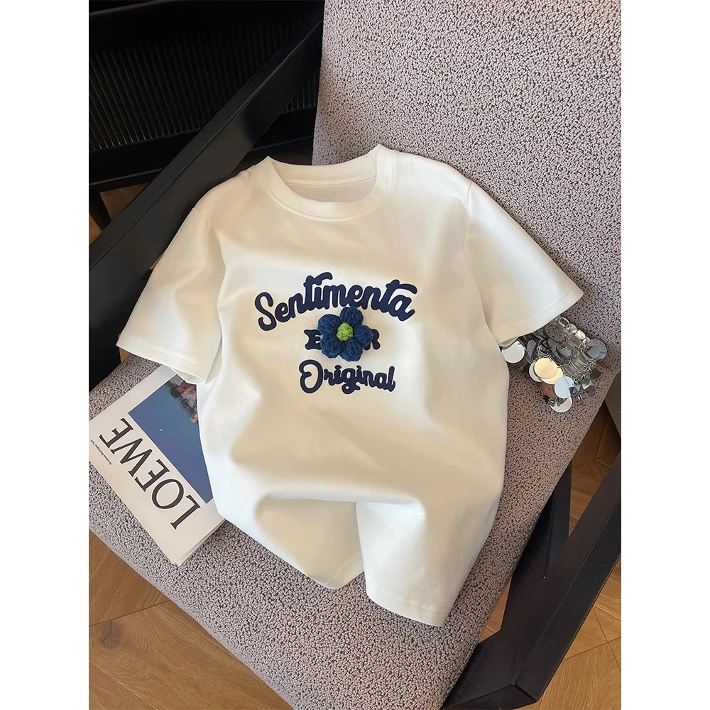 白色立体花朵装饰短袖t恤女2025夏季新款正肩潮牌多巴胺显瘦