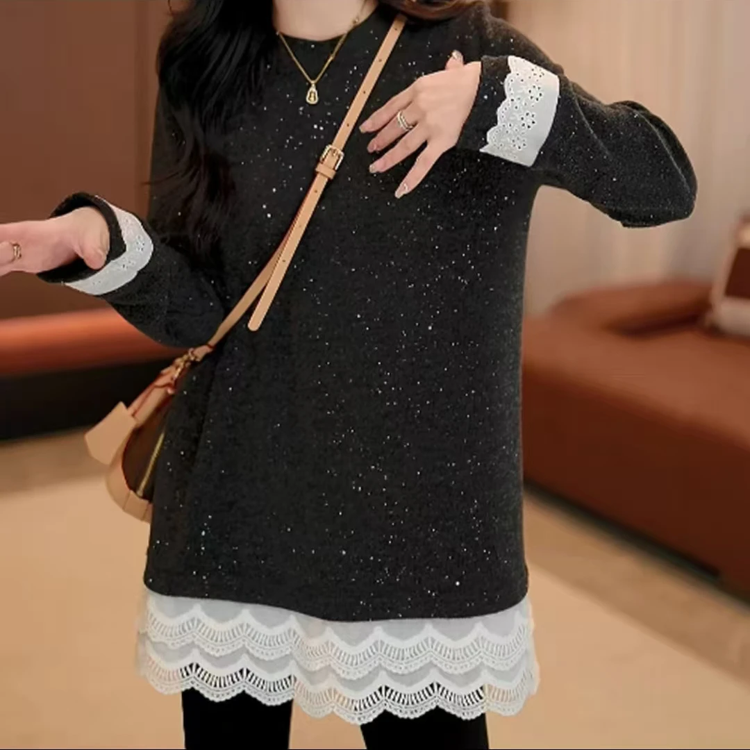 春季厚款蕾丝边拼接下摆长袖打底衫女休闲百搭宽松慵懒风长袖T恤