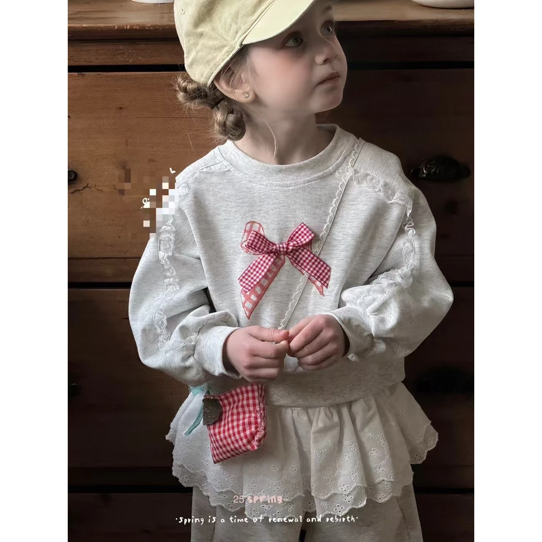 女童卫衣套装蝴蝶结设计韩版时髦圆领上衣