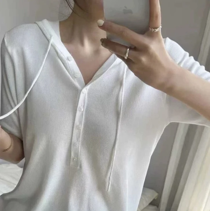 连帽宽松薄款女针织衫9223百搭透气遮肉短袖T
