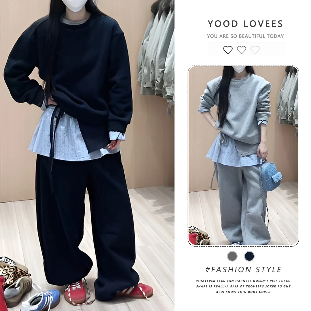 设计感休闲时尚套装女秋冬2025新款圆领拼接卫衣屁帘阔腿裤三件套