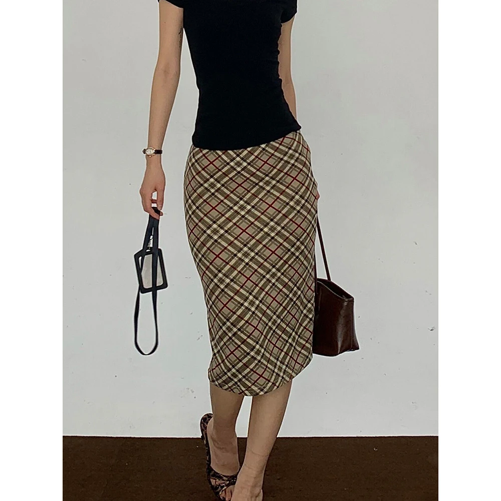 美式辣妹格纹开叉中长裙女夏季新款复古百搭轻奢修身显瘦包臀裙