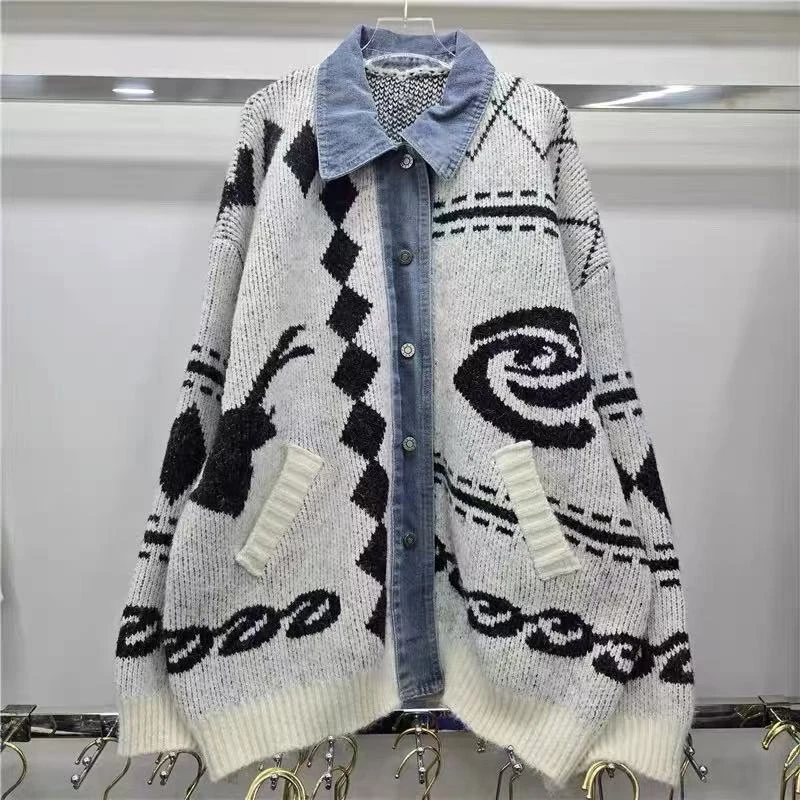 【古香古色】复古polo领拼接开衫毛衣女秋冬重工菱格针织外套（152）