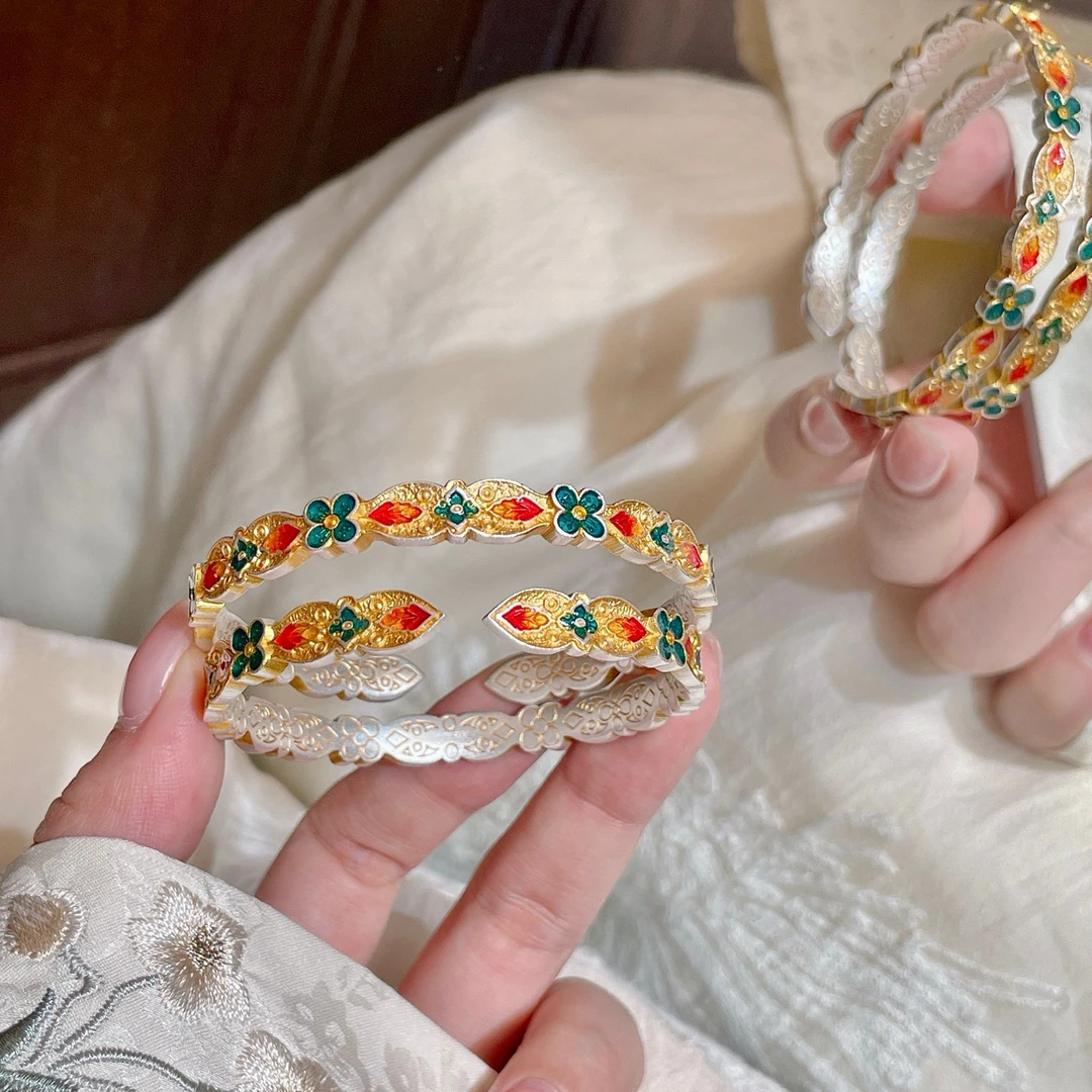 足银手镯 足银9999描金珐琅彩四叶草如意羽毛女国风新中式银镯子