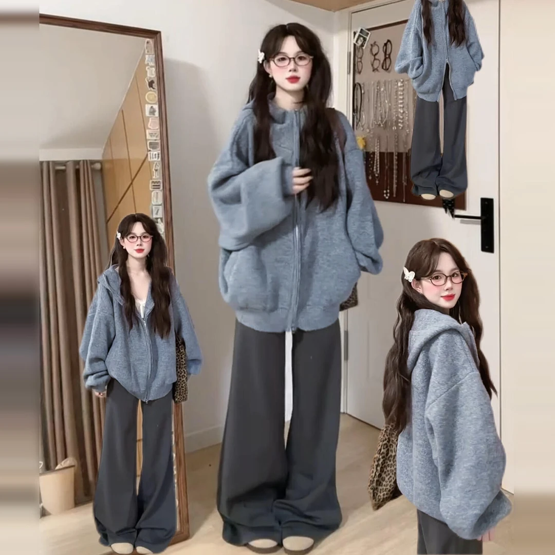 高级感韩系慵懒风灰色拉链连帽针织毛衣女秋冬季2025新款加厚外套
