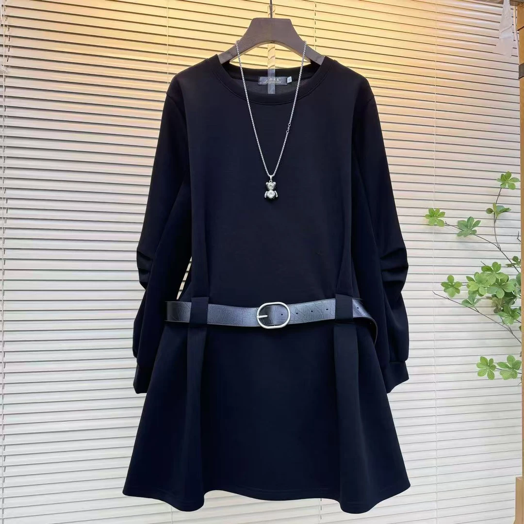 秋季新款圆领长袖简约配腰带修身纯色显瘦轻职风连衣裙大码胖mm