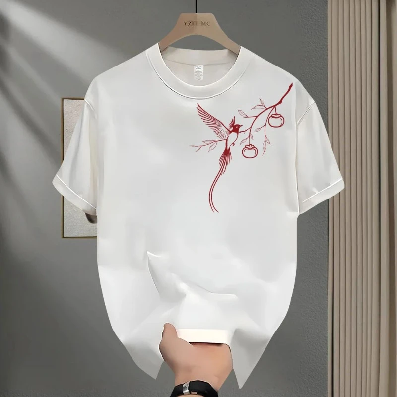 夏季国潮流新中式喜雀印花小众纯棉修身男女款圆领短袖简约设计感