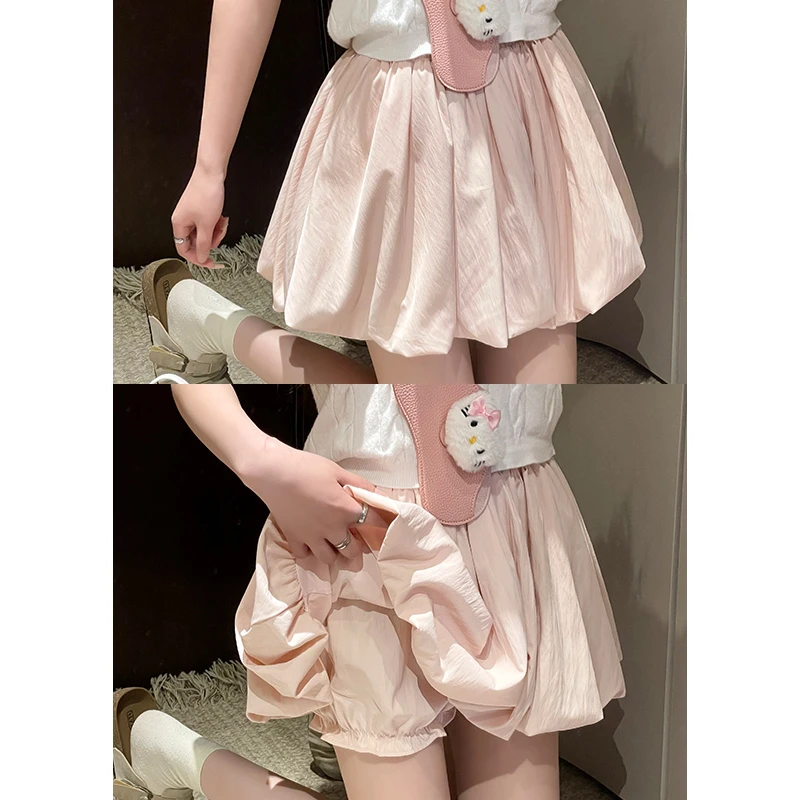 蓬蓬花苞短裙女夏季韩系温柔a字甜美高腰百搭外穿短裙子