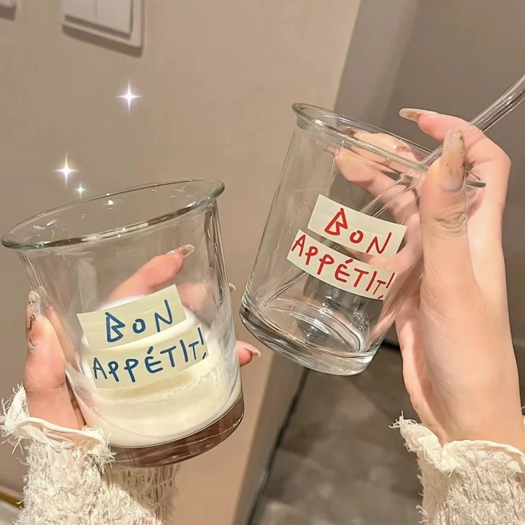 家用ins翻口杯咖啡杯美式冷萃水杯玻璃吸管杯耐热法式字母透明杯