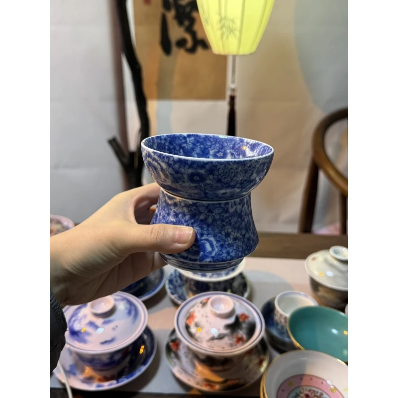 青花万花画片茶漏