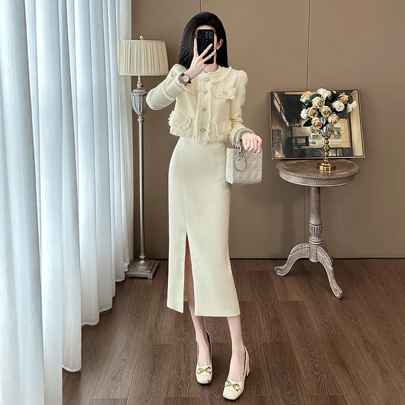 秋季御姐气质女神范高端富家千金开叉半身裙小香风套装裙两件套女