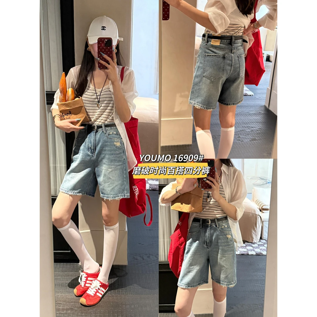 美树【素心兰/YOUMO】磨损破洞四分裤休闲牛仔短裤(配腰带) 16909#