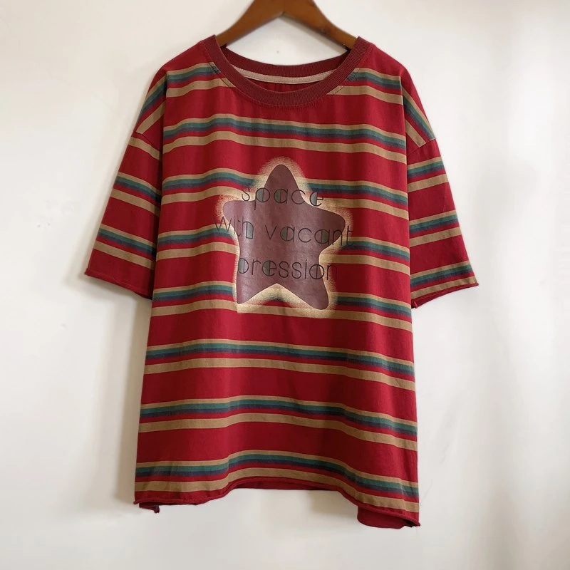 时尚百搭宽松条纹休闲短袖T恤女士圆领潮流2025夏季新款YX105033