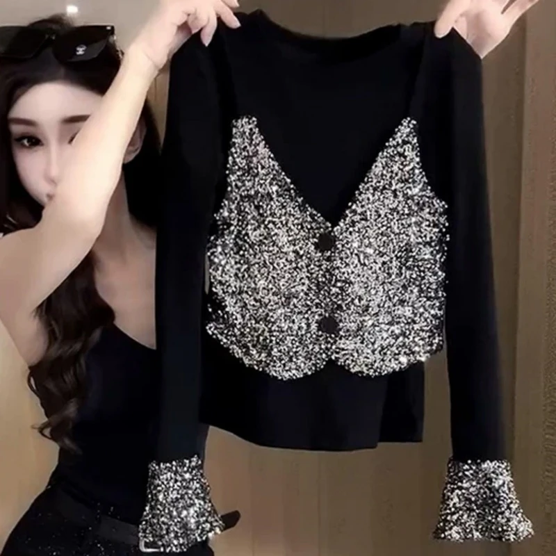 冬季2024新款假两件时尚打底衫女百搭洋气亮片长袖气质显瘦女上衣