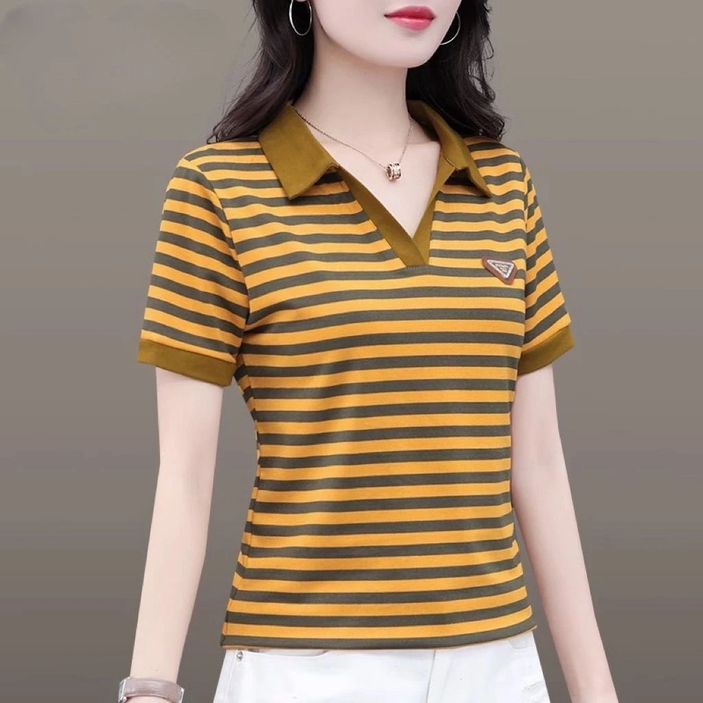 827黄黑条纹气质短袖t恤女翻领夏装妈妈时尚polo衫带领运动上衣