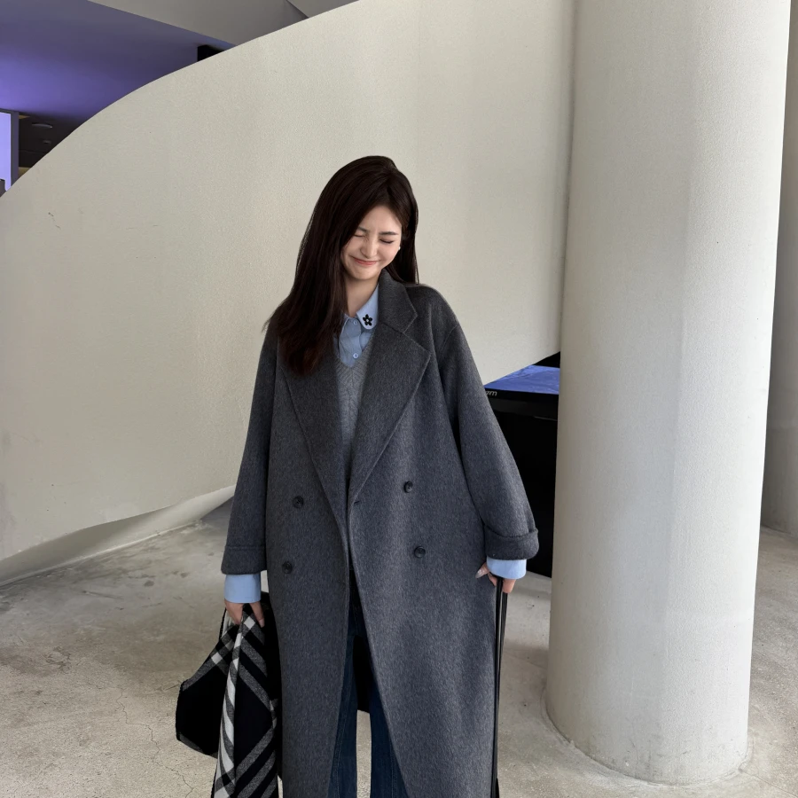 伊迪卡双面羊毛大衣小个子韩系秋冬中长款气质毛呢外套冬季