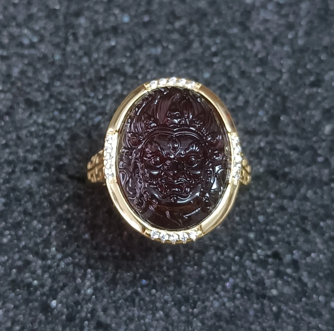 芝龙珠宝s925银镶血珀大黑天戒指血珀银戒指