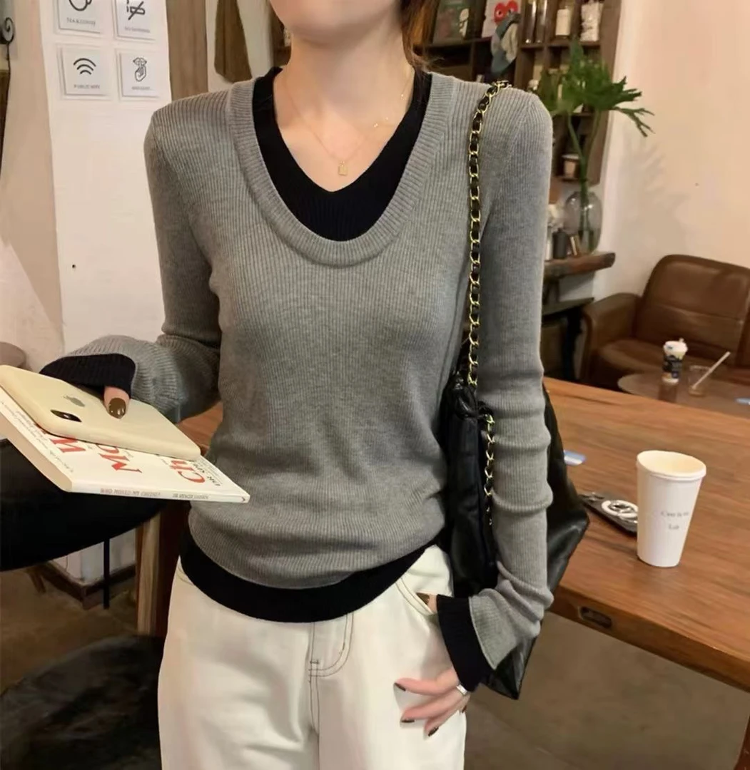 V领假两件打底毛衣
