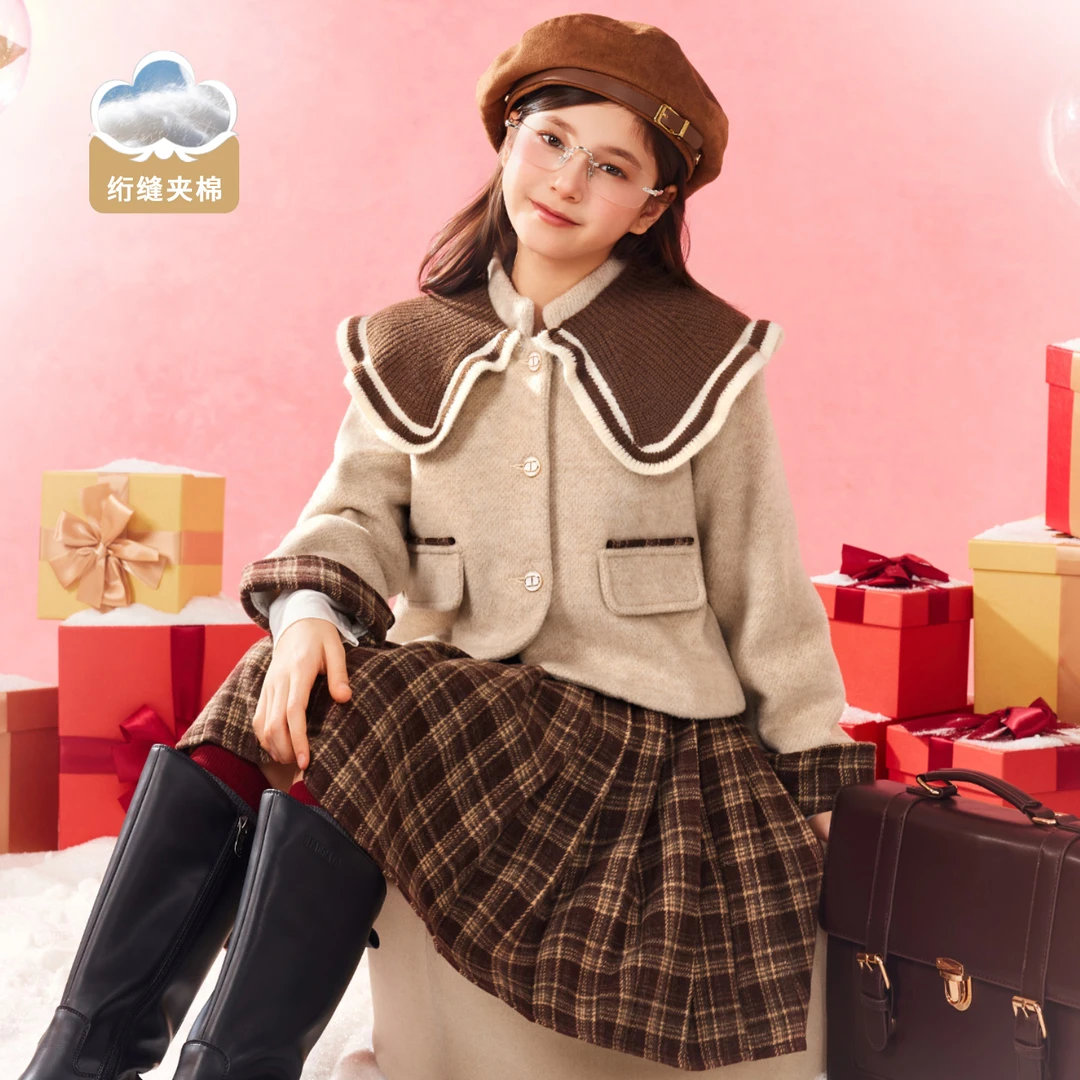 小虎帕蒂冬装新款女童千金风毛呢外套格纹短裙两件套淑女套装洋气