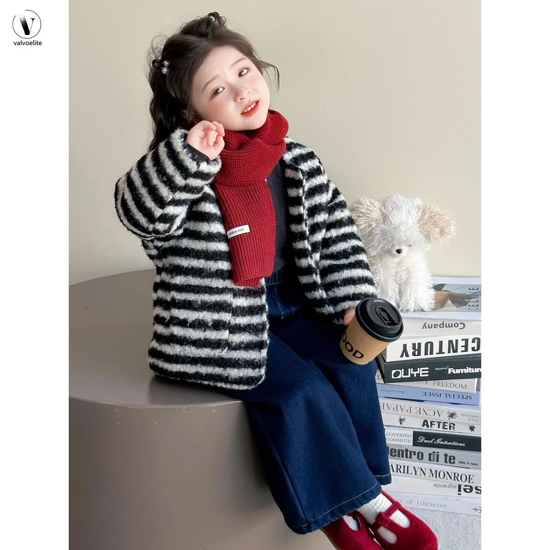 VALVOELITE女童外套秋冬装2025新款洋气条纹毛毛衣宝宝加厚夹棉衣